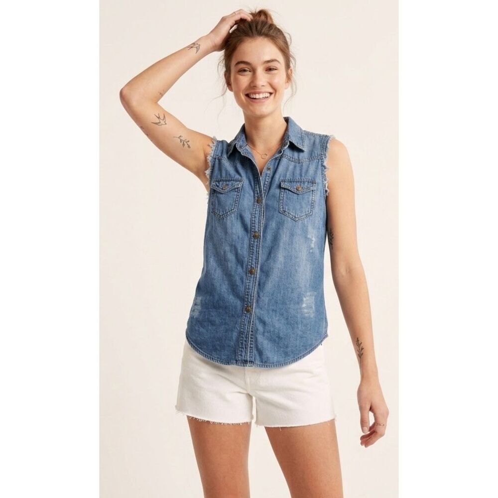 Miley Cyrus Denim Sleeveless Shirt Distressed Sz. S Grunge Frayed Med. Wash